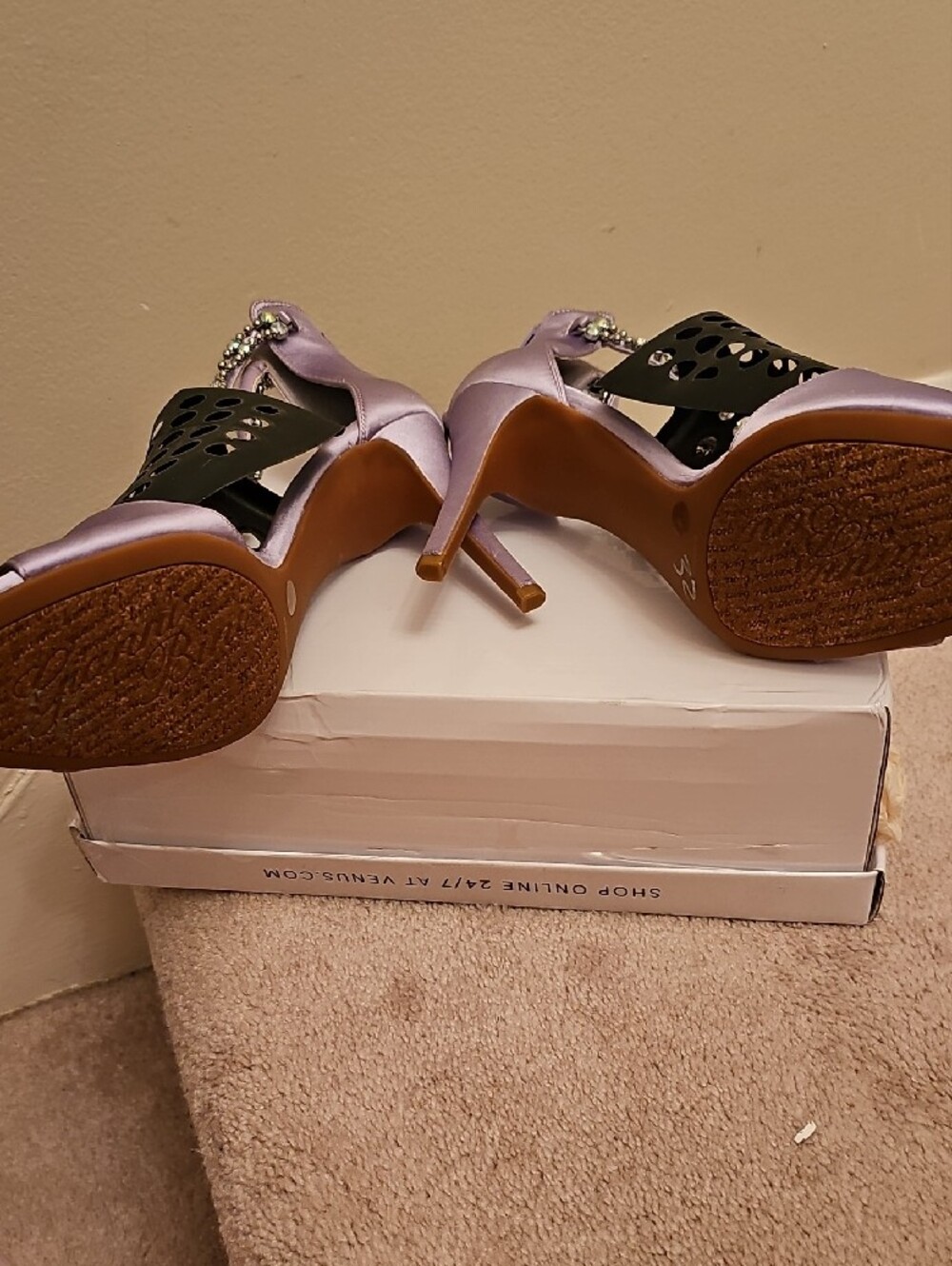 Gianni Bini Lavender Satin Crystal T-Strap Heels - Picture 4 of 7